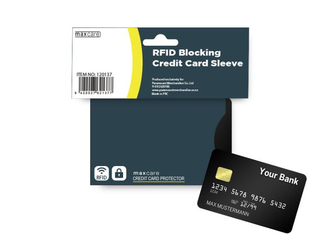 Pack of 72 Maxcare RFID blocking credit card sleeves for protecting sensitive information from electronic pickpockets.