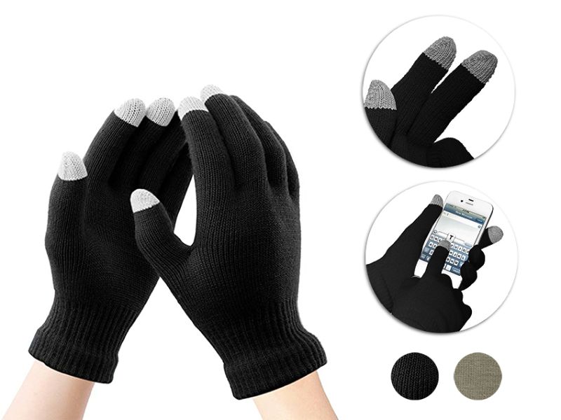 Assorted touch screen gloves for winter, allowing device use while keeping hands warm and stylish.