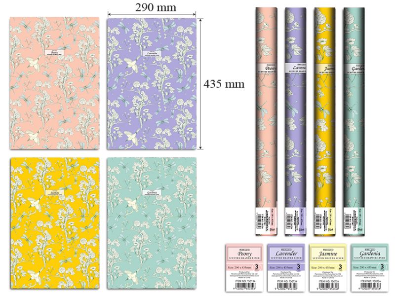 Stylish scented drawer liners in assorted designs, 29x43.5mm, enhance organization and freshness in drawers or closets.