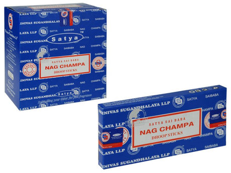Satya Nag Champa dhoop sticks in 12 packs, ideal for meditation and creating a calming atmosphere with soothing scents.