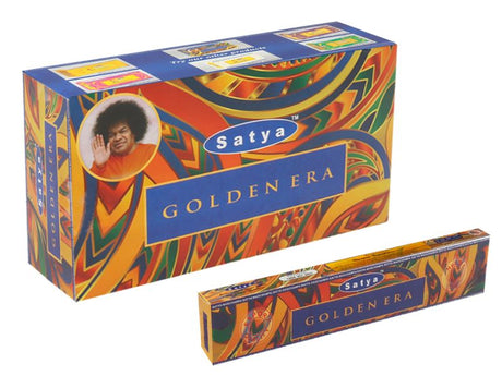 Satya Golden Era incense sticks in 12 packs, delivering a warm, uplifting fragrance for meditation and relaxation.