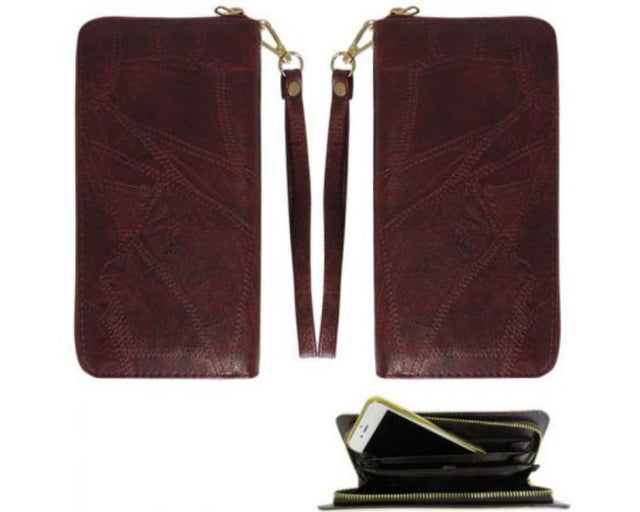 Stylish red RFID-blocking wallet with soft PU cover, hand strap, and space for a smartphone, measuring 20.5 x 10.5 x 2.5 cm.