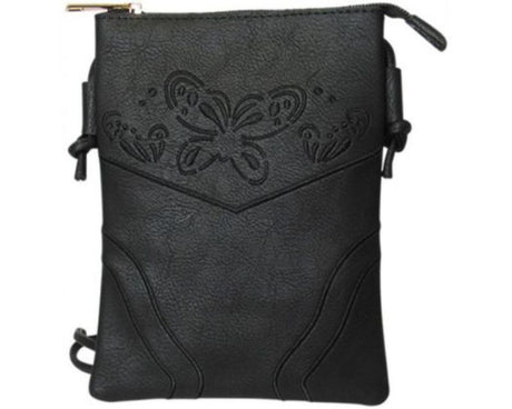 Chic black shoulder bag with butterfly design, zip top, back pocket, versatile for crossbody or shoulder wear.