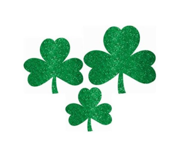 Pack of 10 assorted shamrock glitter cutouts in three sizes, perfect for St. Patrick's Day decorations and projects.