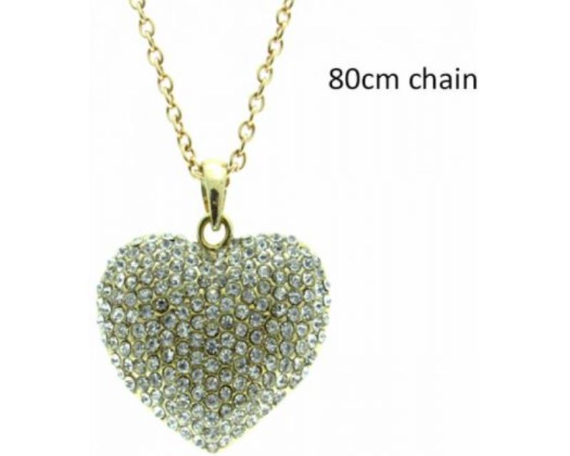 Large gold heart necklace with diamantes, 4.5 cm pendant, 80 cm chain, perfect for elegant styling and unique gifts.