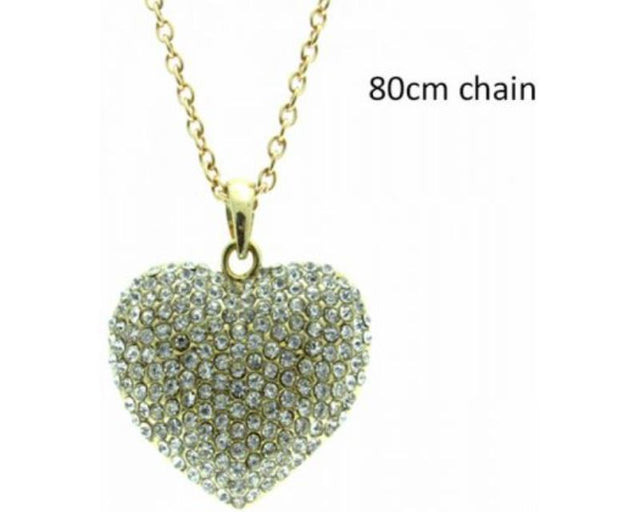 Large gold heart necklace with diamantes, 4.5 cm pendant, 80 cm chain, perfect for elegant styling and unique gifts.