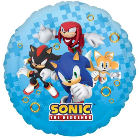 Vibrant 45cm Sonic the Hedgehog foil balloon, perfect for themed parties and easy to use with its self-sealing feature.