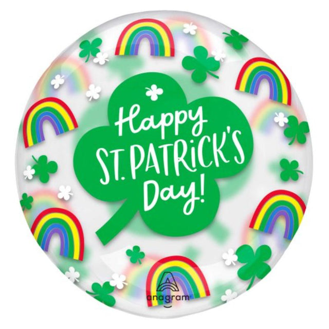 Colorful St. Patrick's Day balloons featuring rainbows and shamrocks, perfect for festive celebrations and gatherings.