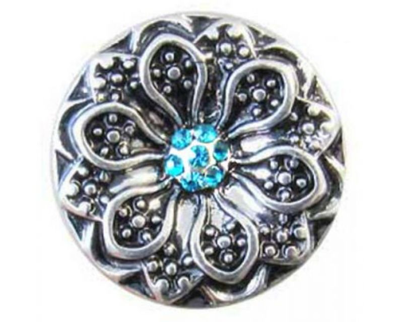 Celtic Teal Flower snap button, 2cm round with intricate designs, perfect for adding elegance to any outfit.