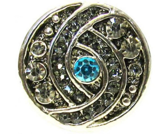 Twinkling blue diamante twirl snap, perfect for elegant accessorizing and versatile style enhancement.