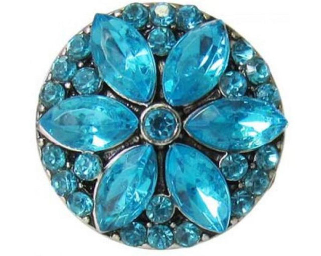 Vibrant blue crystal flower snap accessory, perfect for elegant custom jewelry and versatile fashion statements.