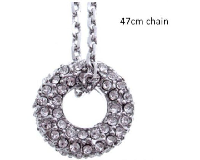 Silver plated Crystal Circle Necklace featuring a dazzling pendant, perfect for adding elegance and sparkle to any outfit.