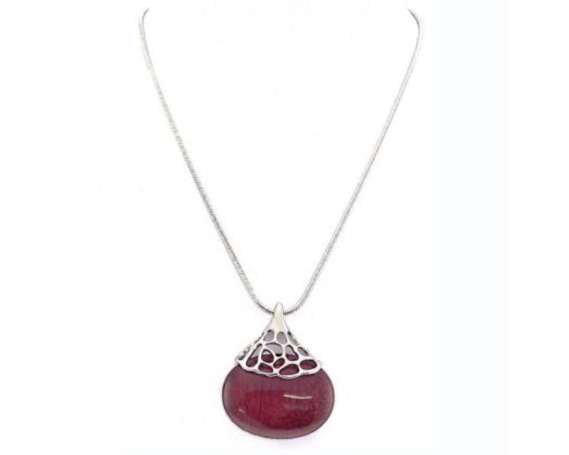 Oval Teardrop Berry Necklace featuring a berry-colored resin pendant and stylish silver lace bail, 46cm in length.
