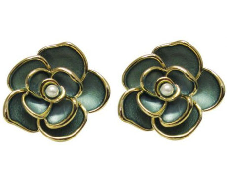 Jax Rose Earrings featuring faux pearl nestled in green rose petals, stylish and lightweight for all-day wear.