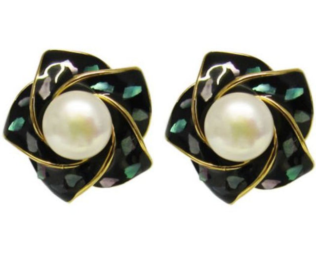 Jax Lotus Earrings featuring vibrant faux pearls and paua shell in a 2 cm lotus flower design, perfect for any occasion.