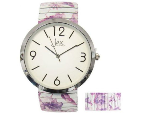 Elegant Jax PurpleFloral Expand watch with floral strap, 40 mm case, clear numbers, and reliable Japan movement.