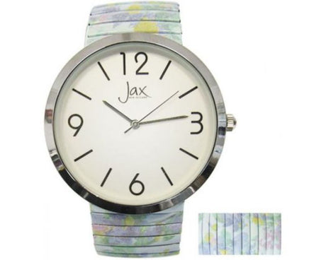Elegant Jax Blue Dream Expand watch with floral strap, 40 mm case, clear numbers, and reliable Citizen Japan movement.