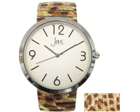Chic leopard print watch with 40 mm case, oversized numbers, and expandable strap for versatile style and comfort.