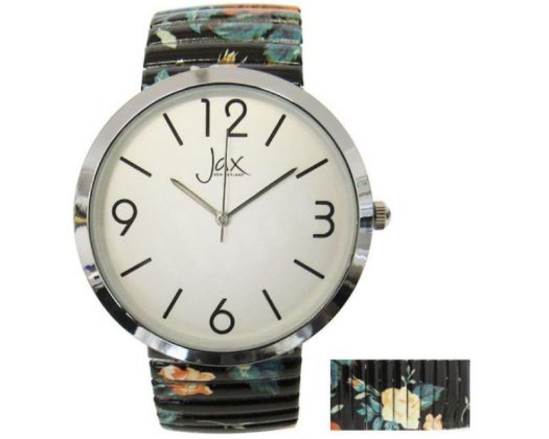 Elegant Jax Roses watch with floral strap, 40 mm case, and clear numbers, featuring reliable Japan movement by Citizen.