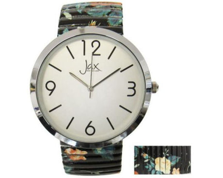 Elegant Jax Roses watch with floral strap, 40 mm case, and clear numbers, featuring reliable Japan movement by Citizen.