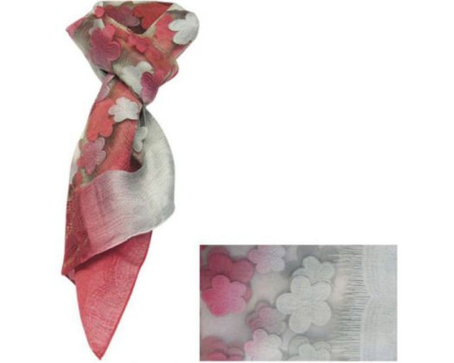 Lightweight floral sheer scarf featuring delicate rose patterns and shimmering silver threads, perfect for versatile styling.