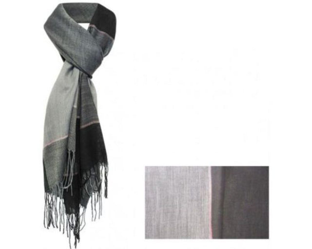 Two-tone silver and black scarf, 100% polyester, 70 x 180 cm, stylish tassels for elegant summer wear.