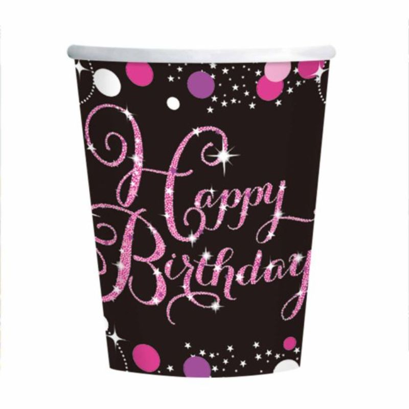 Pink disposable birthday cups with 'Happy Birthday' design, perfect for stylish celebrations, pack of 8, 266ml each.