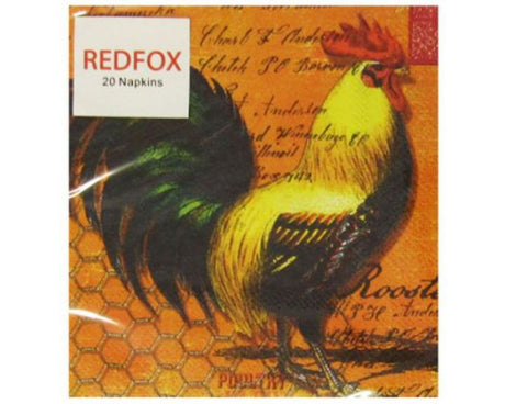Charming Rooster Cocktail Napkins in a pack of 20, 3-ply, perfect for parties and casual gatherings.