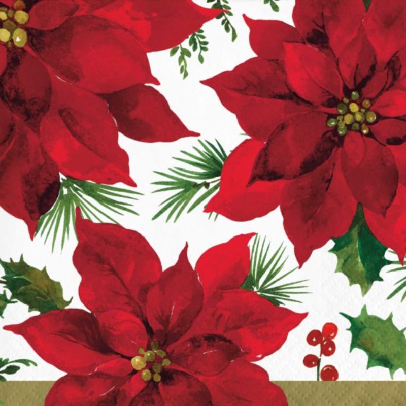 Elegant pack of 16 Posh Poinsettia beverage napkins featuring festive floral designs for holiday gatherings.