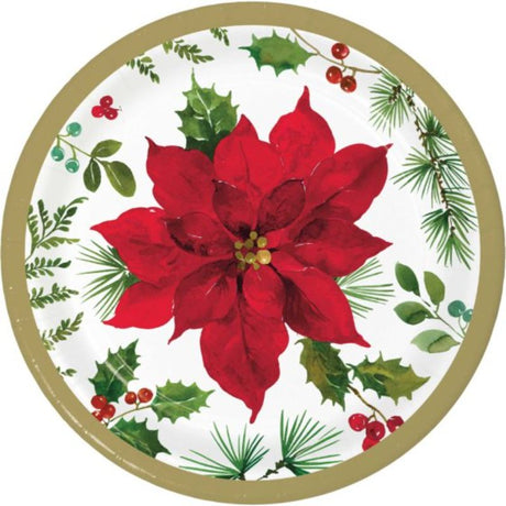 Elegant 18cm disposable paper lunch plates featuring a festive poinsettia design, perfect for holiday celebrations, pack of 8.