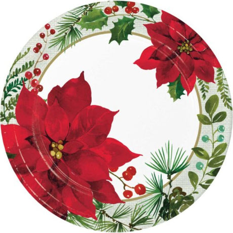 Elegant 22cm disposable paper dinner plates featuring vibrant poinsettia designs, perfect for holiday gatherings and eco-friendly.