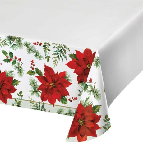 Posh Poinsettia Tablecover with colorful border, perfect for festive gatherings and holiday celebrations, measuring 137cm x 259cm.