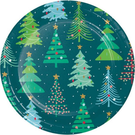 Festive 18cm paper lunch plates in a pack of 8, perfect for serving meals at holiday gatherings with cheerful designs.