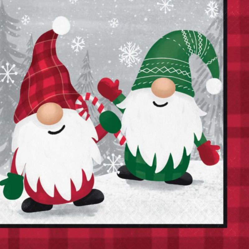 Festive Holiday Gnomes lunch napkins in a pack of 16, perfect for adding cheer to Christmas parties and family dinners.