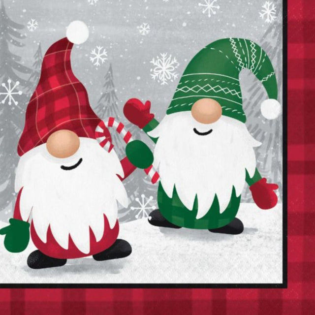 Festive Holiday Gnomes lunch napkins in a pack of 16, perfect for adding cheer to Christmas parties and family dinners.