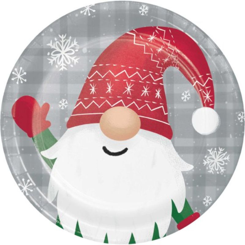 Whimsical paper lunch plates featuring adorable gnomes, perfect for festive gatherings, pack of 8, 18cm diameter.