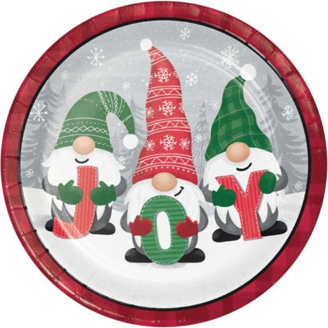 Charming 22cm paper plates featuring whimsical gnome illustrations, perfect for festive gatherings and easy cleanup. Pack of 8.