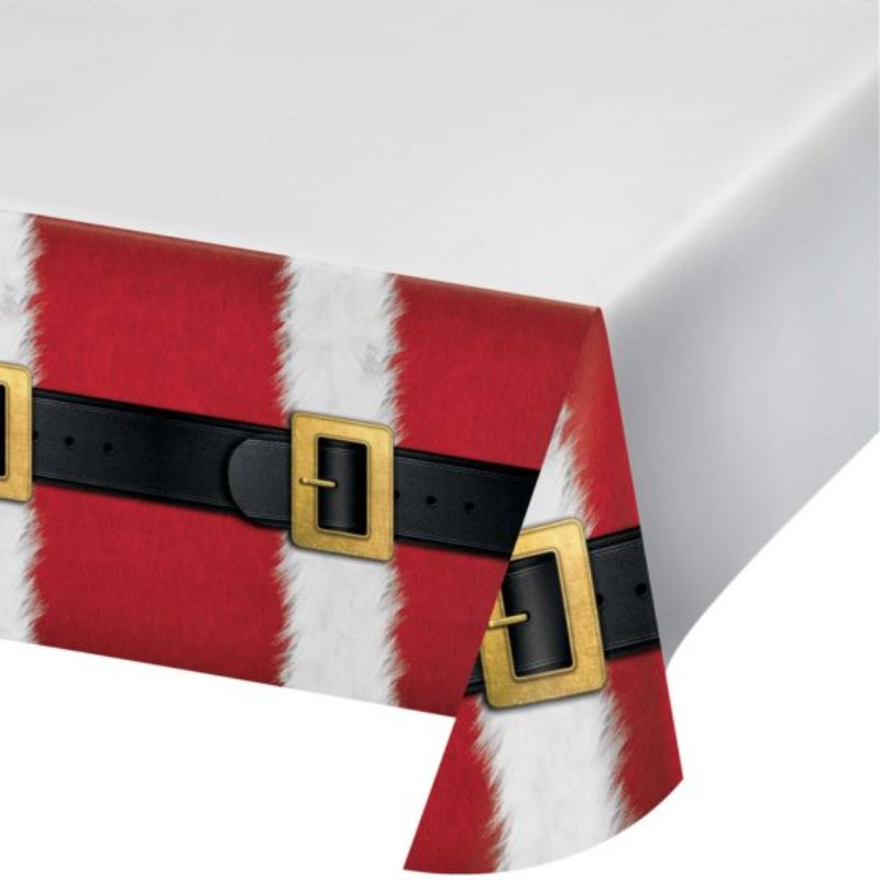 Santa's Suit tablecover featuring festive prints, perfect for holiday gatherings and easy cleanup, 137cm x 259cm.