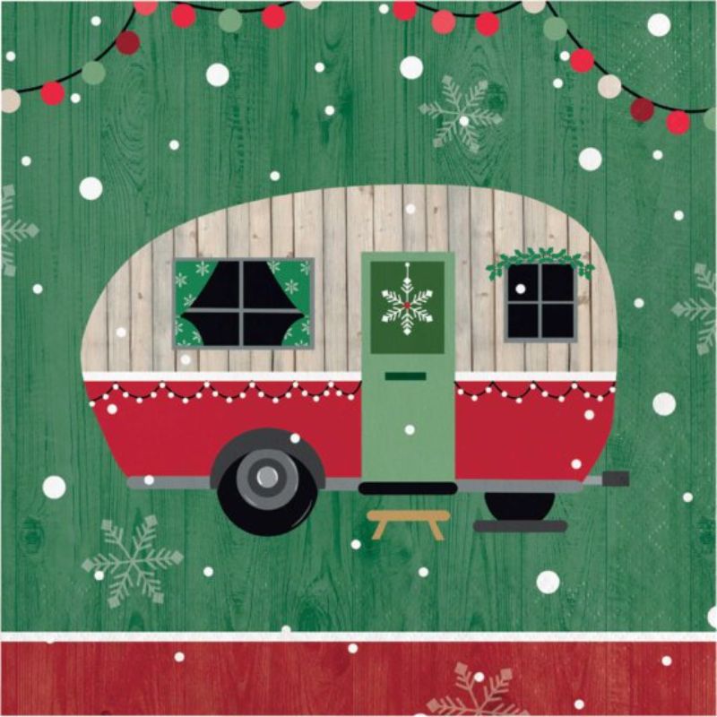 Whimsical Christmas Campers Lunch Napkins pack of 16, perfect for festive gatherings and adding joy to holiday meals.