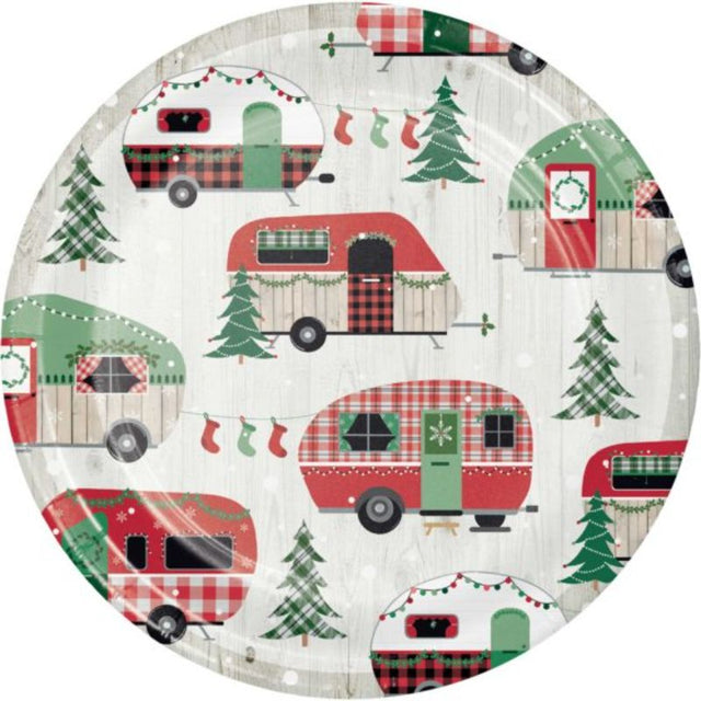 Charming 18cm Christmas paper plates with a playful camper design, perfect for festive gatherings and eco-friendly celebrations.