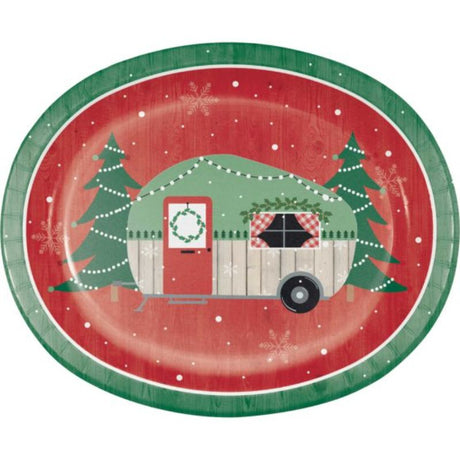 Festive oval plates featuring a camper design, perfect for holiday meals, durable and reusable, pack of 8.