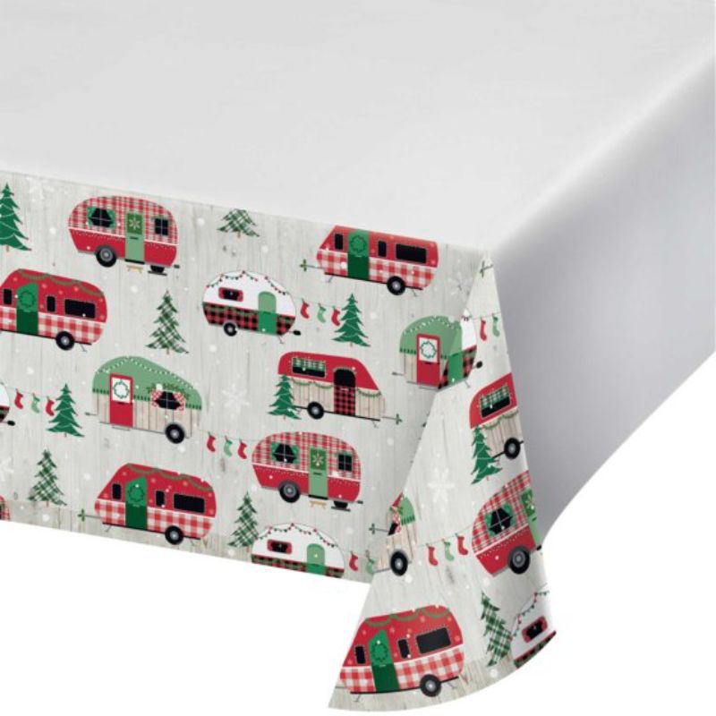 Vibrant Christmas Campers table cover with playful border, perfect for festive gatherings and protecting tables.