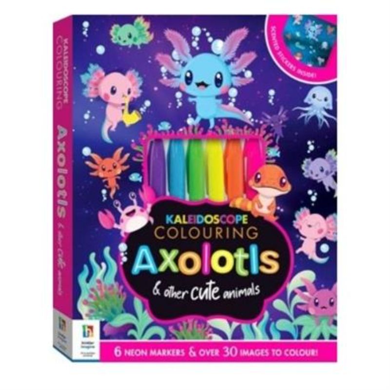 Kaleidoscope Colouring Kit featuring axolotls, 32 pages, 8 neon markers, and scented stickers for vibrant creative fun.