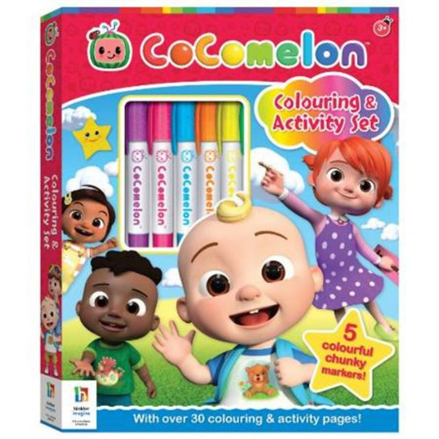 Kaleidoscope Colouring Kit with CoComelon characters, featuring 30 images and 5 chunky markers for creative fun.