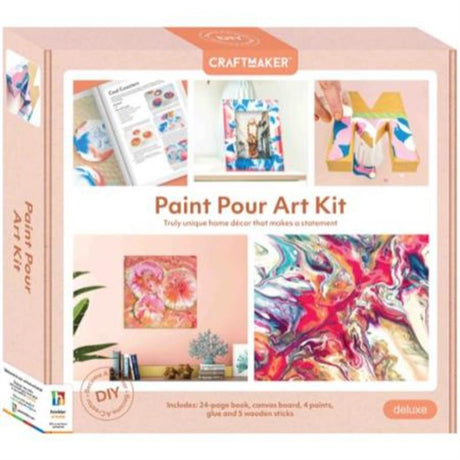 Deluxe paint pouring art kit with three sets, vibrant paints, canvas, pouring medium, and instructional guide for creative projects.