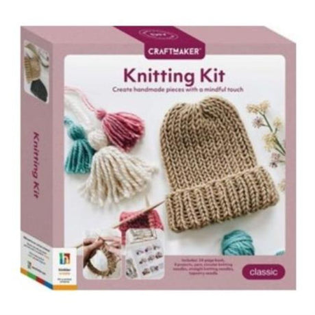 Craft Maker Kit featuring three classic knitting kits with yarn, needles, and step-by-step instructions for creative projects.