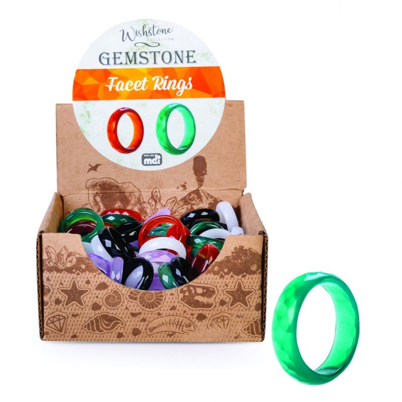 Set of 100 vibrant gemstone facet rings featuring black obsidian, carnelian, aventurine, opalite, and rose quartz.