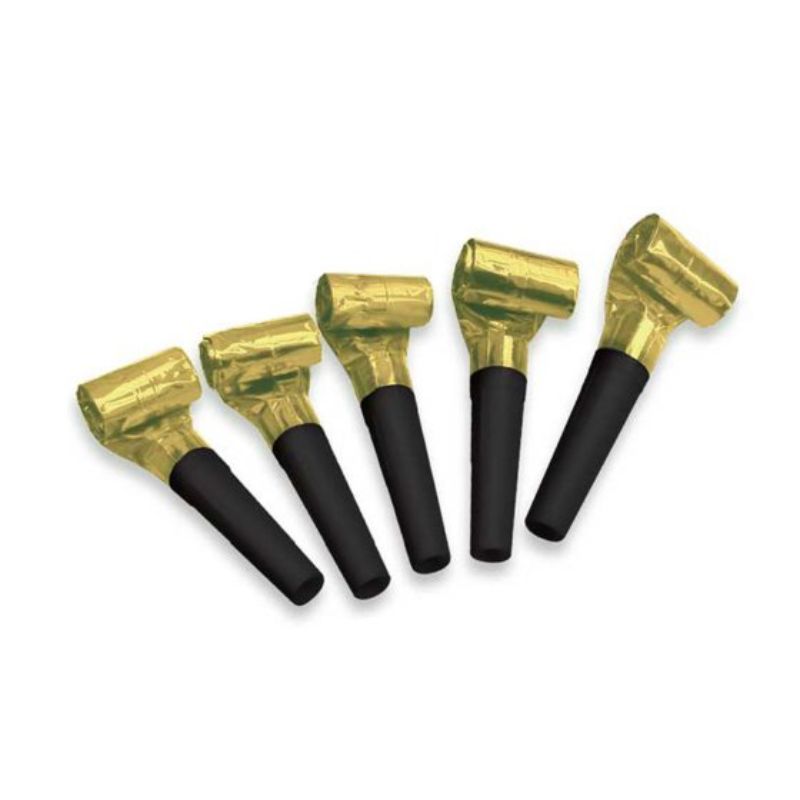 Happy New Year black and gold blowouts in a pack of 24, perfect for festive celebrations and adding glamour to gatherings.