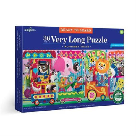 Colorful 36-piece alphabet train puzzle for preschoolers, promoting literacy and fine motor skills with engaging characters.