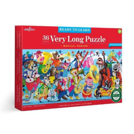 Colorful 36-piece puzzle depicting a musical parade, featuring vibrant animals playing various instruments for ages 3+.